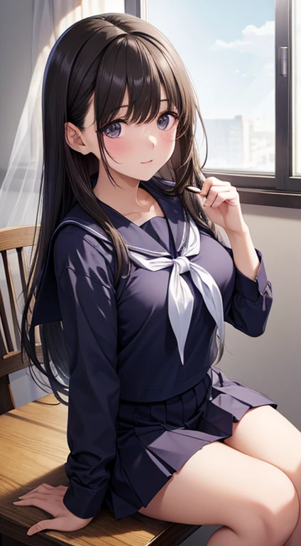 hi-school girl、(White sailor suit、a black pleated skirt、Blue ribbon、perspiring、Wet)A dark-haired、Longhaire、Brown eyes、Beautiful udder、Photorealsitic、octane renderings、full bodyesbian、Shyness、Shy laughter、Classroom、rain is falling、Best Quality ,masutepiece,blush,make - up, shinny skin,realistic skin textures,