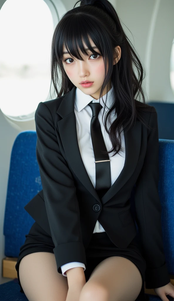 ((top-quality、(NSFW、((cammel toe))、top-quality、masterpiece、超A high resolution、8K、top-quality、Drawn details)、(full body photographed、to stand)、(tilt your head)、shot from a side angle、17-year-old high school girl、Super beautiful shape、Dark blue blazer uniform、darkblue miniskirt、white shirt、Ribbon Ties、Black Haired Beautiful Girl、black hair shorthair、Secure your hair with white hairpins、Show ears、