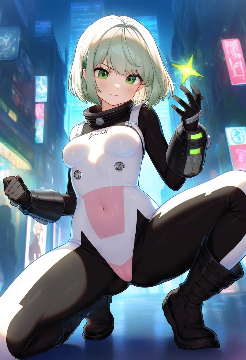 Change the outfit to a tight, sheer bodysuit that had a cyberpunk aesthetic. Neon green and pink accents.
