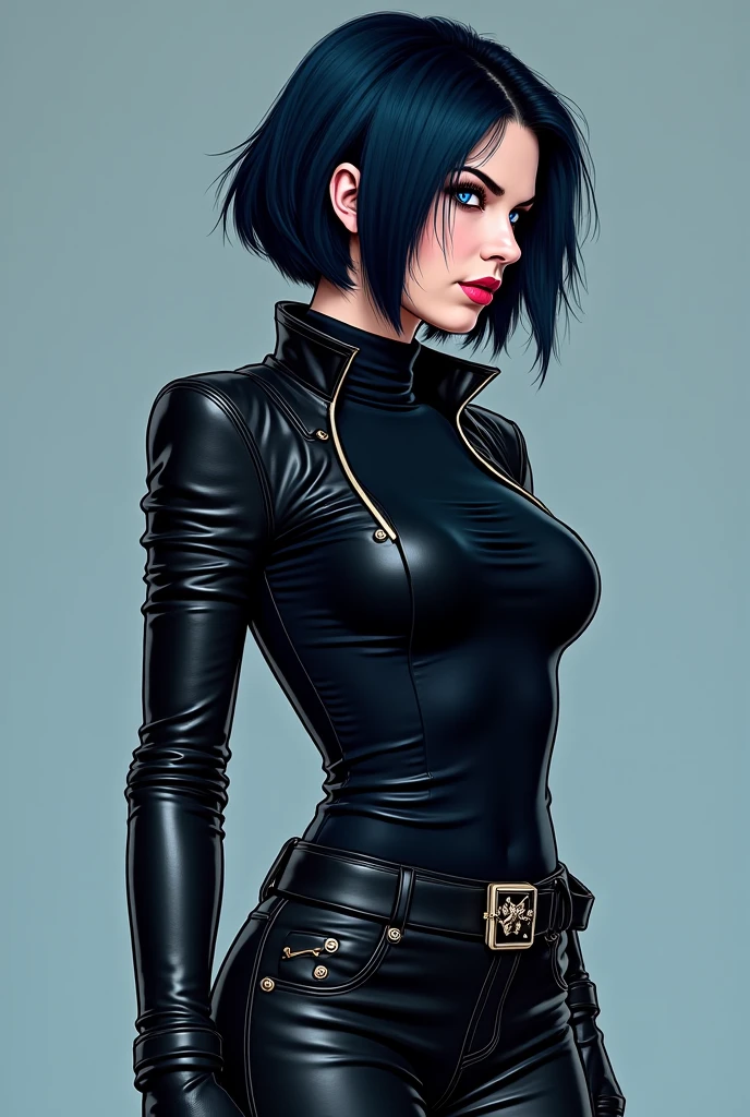 A young woman with a bold and edgy style, clad in leather and studs, her short black hair styled in a rebellious pixie cut, paired with intense blue eyes and boldly shaped eyebrows, radiating a fearless and assertive expression, 
masterpiece, best quality, intricate detail,  intricate background detail,  <lora:contrast_slider_v10:4.5>   <lora:backlight_slider_v10:-1>  <lora:epiC35mm:1> epiC35mm,  <lora:epiCRealismHelper:1> <lora:thepit:0.6> thepit <lora:breastsizeslideroffset:0.8> <lora:add_detail:0.75>