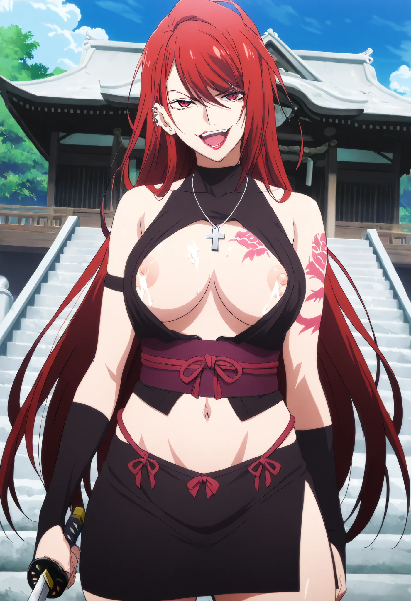 ( Top Quality 、 masterpiece:1.2,Female Solo) red hair、long hair, red eyes、tenkaifuuma 、 (nsfw) not safe for work, , official artwork, , ear piercing, long hair, , lipstick,Hot girl, baddie, smoking, sensual, attractive ,cross necklace, choker,
sleeveless kimono,cleavage cutout,obi,arm strap,,elbow gloves,bridal gauntlets,
masterpiece, best quality, highly detailed, a girl in kimono ,holding sword, bare shoulder,,
evil smile, open mouth , (nsfw) not safe for work, serious eyes, official artwork,beautiful
girl, short kimono pencil skirt,, exposed belly, exposed navel, ,in a
palace,exposed midriff, exposed lower belly, outdoor, japanese architecture, temple, nipple
slip, milk dripping from nipples, loose fitting kimono, ninja kimono, side slit , medium large breast ,looking at viewer , dragon tattoo on waist, narrowed eyes, tattoo on waist, anipai_style , anime screencap , anime coloring, v-shape eyebrows,