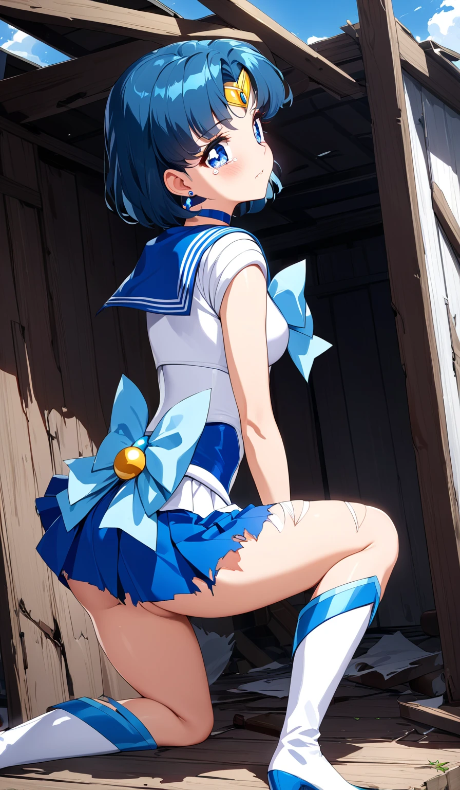 table top, highest quality, 1 girl, (sailor mercury),light blue hair, (black eye:1.2),((Bunny girl))、((leotard))、((embarrassed look))、((full moon))、((Photo from below))、((pantyhose))、((short hair hair))、((white long gloves))、((open your legs))