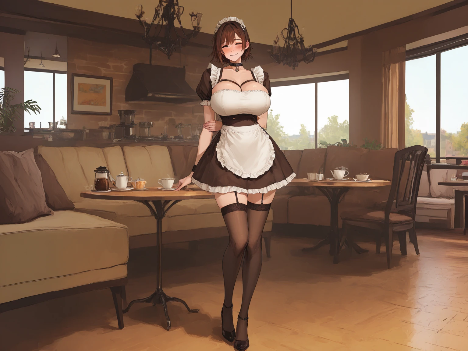 One Woman、beautiful girl、maid、20-year-old、Blonde、ponytail、Western-style building、maidの、頭にmaidカチューシャ、Short skirt、Black Pantyhose、Ultra-definition image quality、Highest quality, smile,Big Breasts、Very large breasts、Sit on a chair、Crossing your legs、Sitting with legs spread open、Poses that accentuate the chest、Smiling with narrowed eyes、breast enhancement、Lean forward、Licking one&#39;s lips