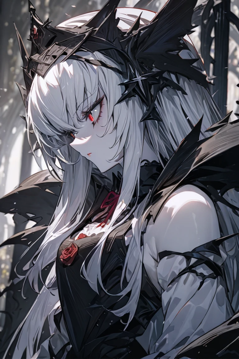 highest quality、masterpiece、1 girl、black background、gray hair:1.5、red eyes、red lips、white clothes、Black and white world、Black and white world、pale skin、side blade, albino skin, evil sorceress cyborg dancing over corpses, wideshot view,