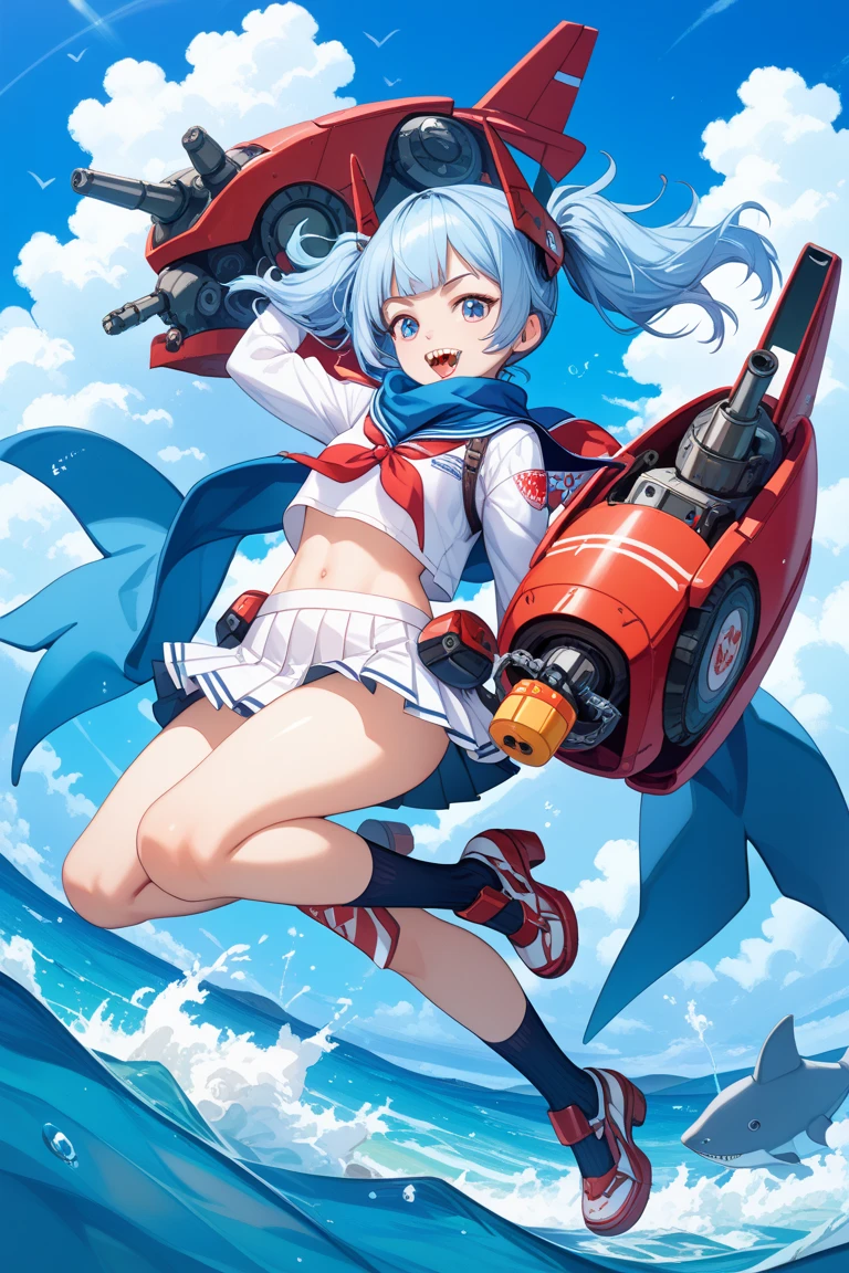 best quality, masterpiece, highres, solo, {i_19_kantaicollection:1.15}, long_hair, blue_hair, ribbon, hair_ribbon, red_eyes, twintails, breasts, large_breasts, symbol-shaped_pupils, swimsuit, school_swimsuit, one-piece_swimsuit, open_mouth, smile, blush, star-shaped_pupils, star_\(symbol\), tri_tails, fang, 1girl, looking_at_viewer, name_tag, torpedo, hair_ornament