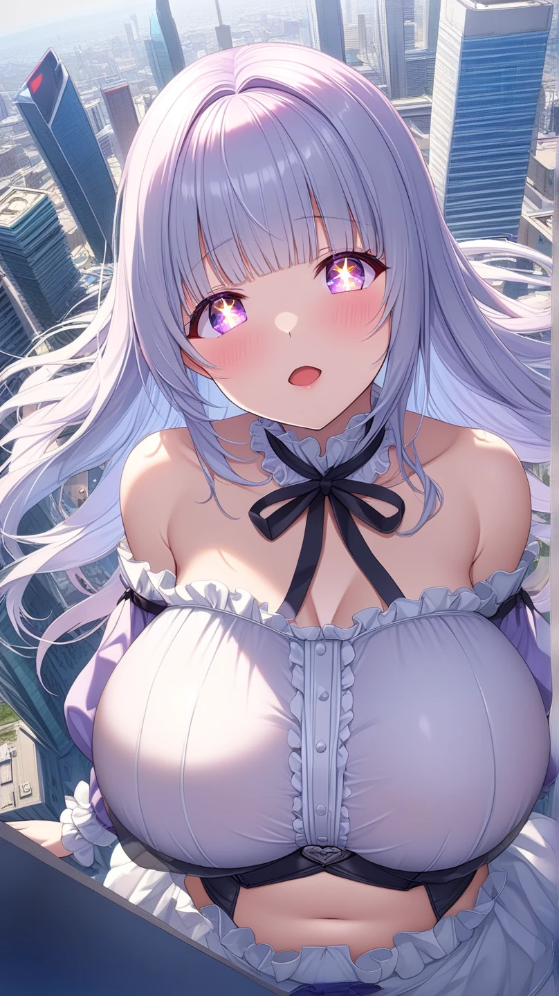 (nsfw:1.3).(huge breasts:1.3).(masterpiece、Highest quality、Highest quality、Official Art、Beautiful and aesthetic:1.2)、(1 Female)、Very detailed、(Fractal Art:1.4)、Highest detail、Long wavy white hair、blue eyes、rounded drooping eyes、very 、flat、Beautiful 18 year old woman、The background is purple, pink, and blue lace pattern....、The background is a heart design、黒とpinkを基調としたロリータセクシーファッション、Ruffled headdress、Cute Smile、Great smile