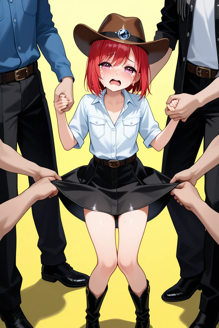 There are people . Resident Evil 4 . Thick animal collar. Ball gag. High heels. mini skirt、pantiesが丸見えになっている、panties、白いpanties、. Standing among men. Cumming.