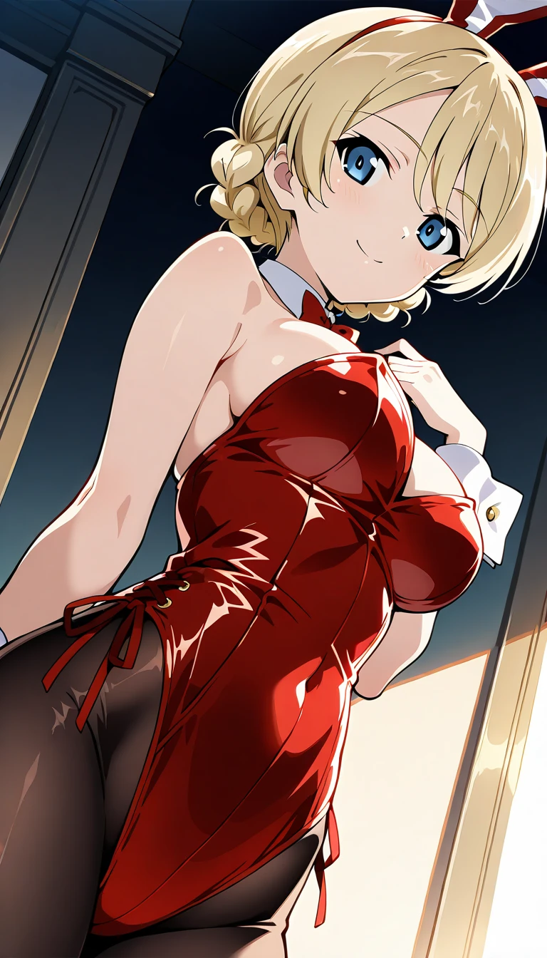 masterpiece, highest quality, Angelica V4, 1 girl, alone, let your hair down, red eyes,(smile,party dress,Party Hall,makeup,earrings,natural lip,),stylish pose,looking at the viewer,in the center of the image, (beautiful_large medium breasts:1.2), (beautiful_face:1.3),(slim_waist),
