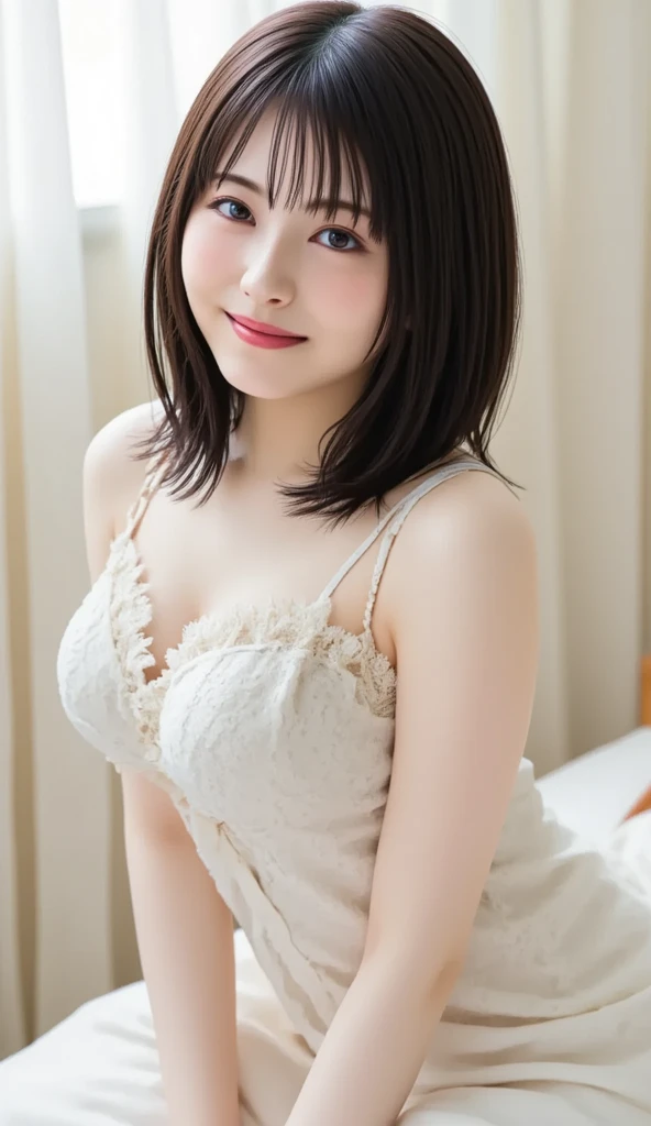 Highest quality masterpiece 8K Ultra-detailed Face Brown Hair Full body photo Cute pose Sexy Photos Focus on the face Professional Lighting Vivid Photos Happy expression Sulky look Ecstatic expression Sex appeal Glossのある濡れたカラスの毛 Gloss Cute and sly Droopy eyes Absurd Heavy bangs A wide variety of skin tones Japanese Beauty、Blonde、Maid clothes、garter belt、Knee-high socks、Selfie、Thighs