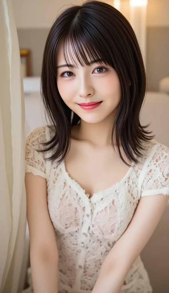 Japanese women、30th Generation、married、sexyな笑顔、((highest quality))、masterpiece、8K、photograph、reality、sexy、From the knee up、one piece、short hair、Bust size: 88cm、Glamour、Beautiful eyes、(Cafe)、(indirect lighting)