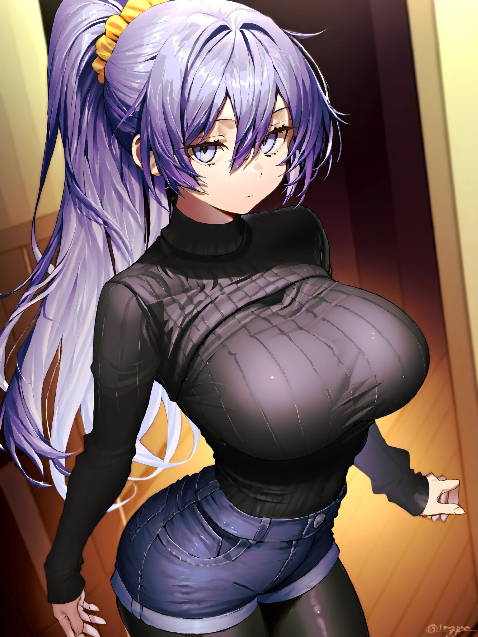 fox girl, big breasts, Voluminous purple hair, masterpiece , red eyes, hd, Head to Chest, buried in my chest、underboob、Tank top