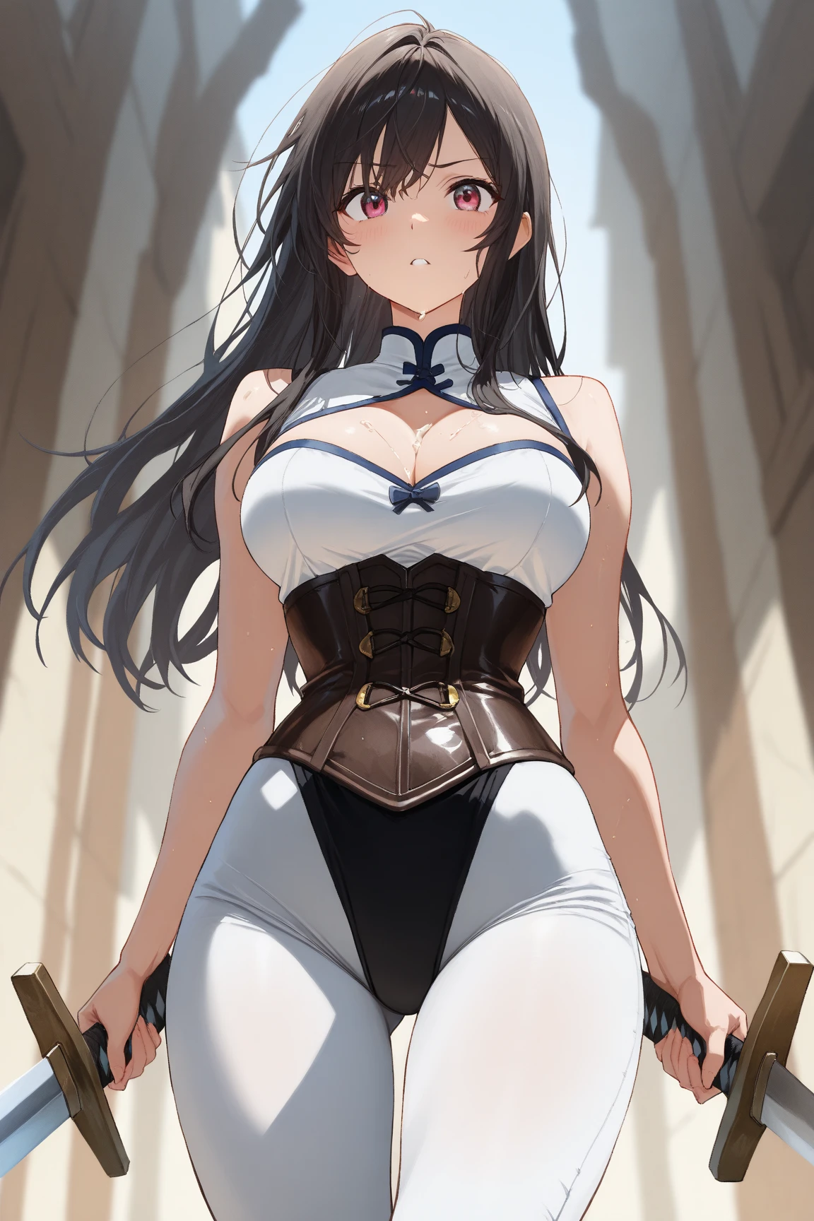 (best quality, In 4K, 8K, High resolution, muste piece:1.2),Super detailed, (Reality, photorealistic, photorealistic:1.37),30 year old woman,ripe woman,Mature woman,((Inside a castle),muste piece, Top quality, Ultra-fine,maximum resolution, Extremely detailed, ((bikini Armor,white bikini,holy knights,thigh high socks,huge breasts,cleavage,groin)),Cord,long hair,Seductive thighs,standing,blade in hand,from below