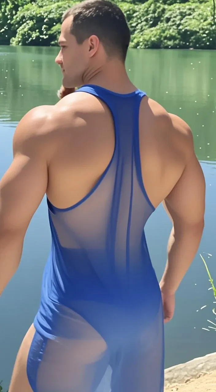 bishonen man 5'9 fee tall, masculine, slim, with short grey mullet hair, glowing grey iris, sheer white sleeveless t-shirt, tight fitted white extremely transparent reavealing sheer speedo with defined outline. make his bulge and skin tone visible through the sheer brief. flying 50 feet above a beach.