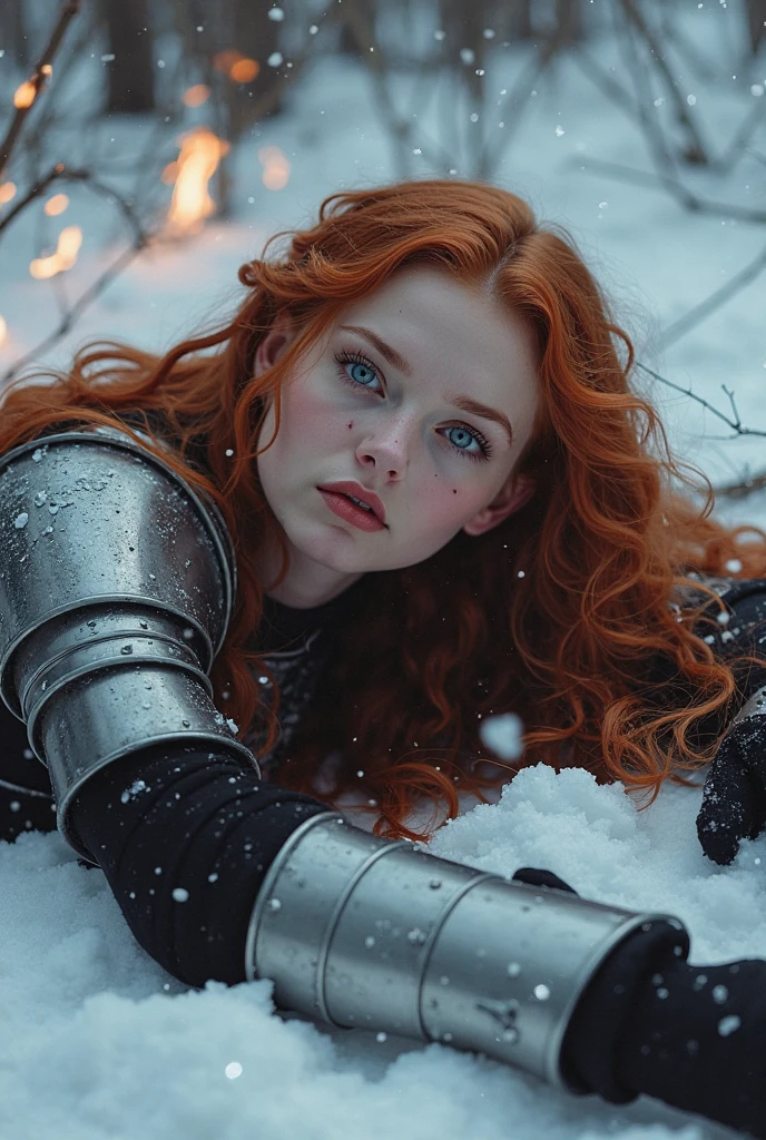 ginger, Artistic Portrait 18yo beautiful woman, perfect nose, perfect face, perfect, gorgerous, slim girl , Caucasian, white skin, white eyes, snowstorm, snow, wind, blizzard, light theme, steampunk outfit, black eyeliner, cinematic light, Night Photography, Light Beans, dramatic light, intricate details <lora:ginger_v03:0.6> <lora:steampunkengis_ss13_mech:1>