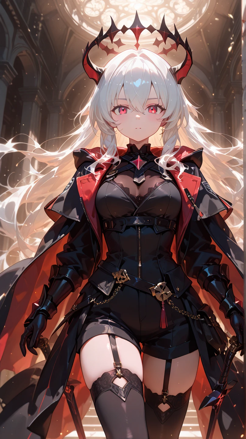 １６k、８k、４k、２０age、Perfect sexy body、Extraordinary Beauty、High Quality, Silver long hair, Red eyes、Coolface, insanely detailed eyes、full bodyesbian、Kensei atmosphere、medieval knight、neons、doress、modeled、body suit、showy、battle suits、dynamic ungle、Battle Scenes、holding swords、