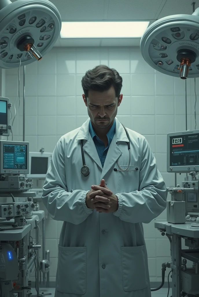 A doctor sitting in a chair with a stethoscope ominously draped around their neck. The background is dimly lit, revealing shadowy, unsettling surgical equipment on a table. The overall atmosphere is eerie, with a slight blur and dark, creepy tones, adding to the sense of dread and horror.