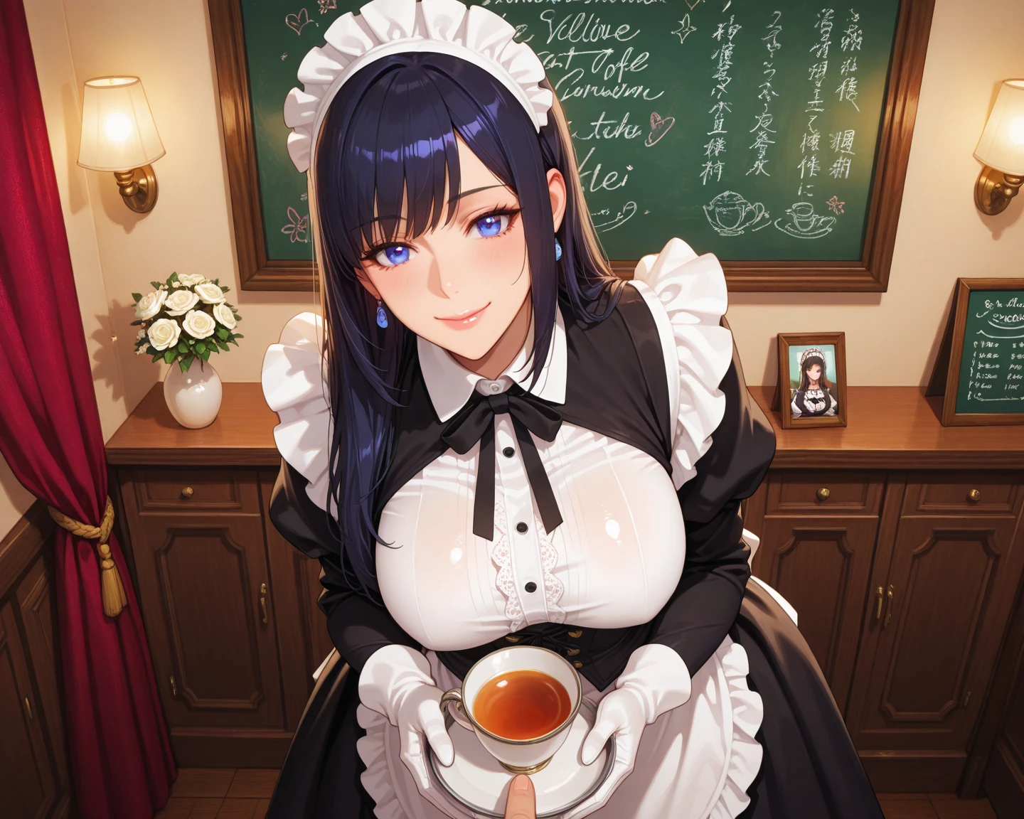 (masterpiece:1.2, top-quality), (realistic, photorealistic:1.4), beautiful illustration, (natural side lighting, movie lighting), depth of fields, (looking at viewer), 1 girl, japanese, 16 years old, perfect face, perfect body, cute and symmetrical face, shiny skin, , black hair,black eyes, , hair between eyes, blue eyes, big eyes, drooping eyes, long eye lasher, (large breasts:0.6), beautiful hair, beautiful face, beautiful detailed eyes, beautiful clavicle, beautiful body, beautiful chest, beautiful thighs, beautiful legs, ((victorian maid)), (beautiful scenery), evening, kitchen room, standing, (put a café tray on the hands), (lovely smile, upper eyes),