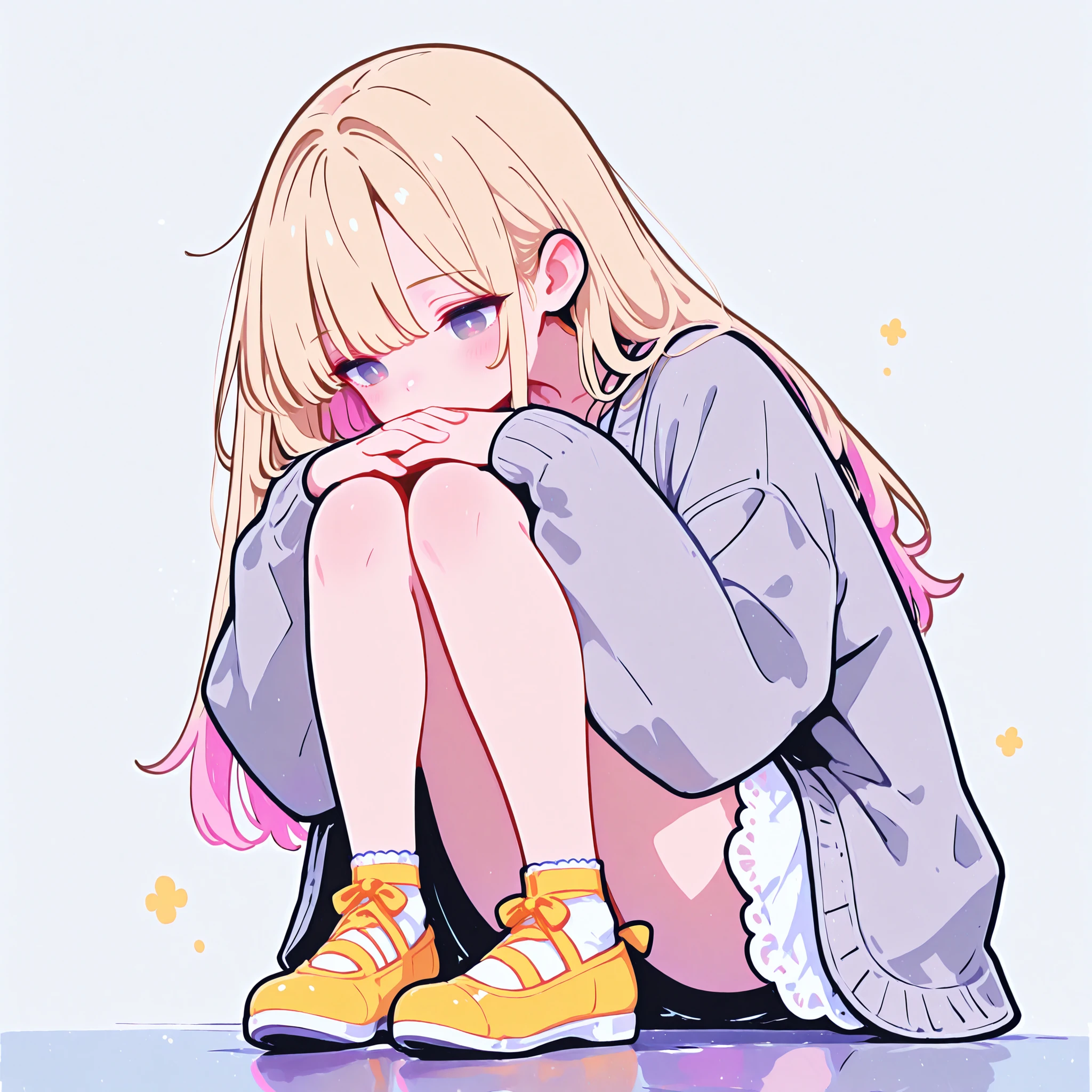 masterpiece, best quality, ultra detailed, high resolution, intricate details, sharp focus, smooth shading, professional lighting, vivid colors, clean lineart, anatomically correct, beautifully detailed eyes, no artifacts, 1girl, full body in frame, simple white background, ash blonde semi-long hair, gray eyes, apologetic expression, slightly looking down, gray cardigan, beige dress, ballet shoes, front view, pose with hands clasped in front and bowing head