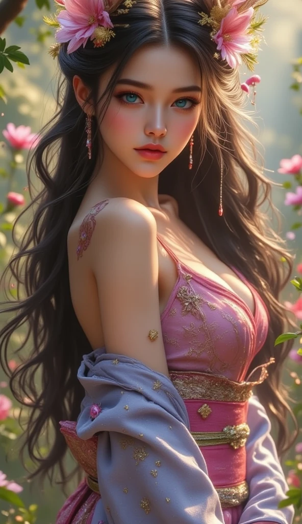 high quality, 8K Ultra HD, high detailed, Watercolor, wash technique, colorful, A painting with dripping and scattered paint, Painting like Agnes Cecile, blurry, pale touch, smudged outline, like a fairy tale, Beautiful woman made with flower colorage,  huge breasts, dramatic lighting, expressing women using flowers and plants, cutting and combining petals and leaves, drawing women's hair and dresses using the colors and shapes of flowers, vivid colors and nature, luminism, three dimensional effect, enhanced beauty, Albert Anker, Feeling like John Howe, Greg Rutkowski, Feeling like Kyoto Animation, Artgerm, WLOP, Alphonse Beeple, luminism, Isometric, awesome full color,