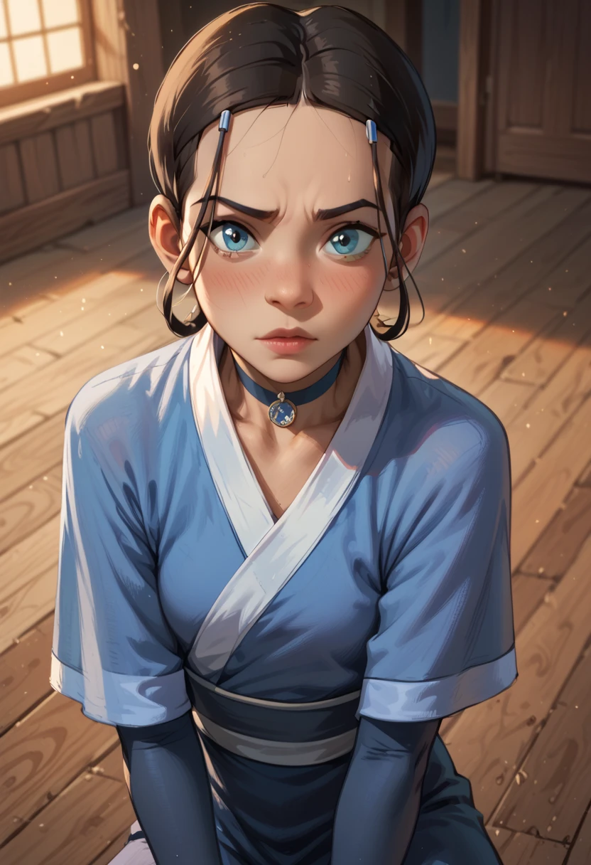 Katara, 1girl, fantasy, highres,  looking_away, looking_to_the_side,  original, realistic,   scenery,  Close-up, upper_body, smiling, action pose,on_bed,