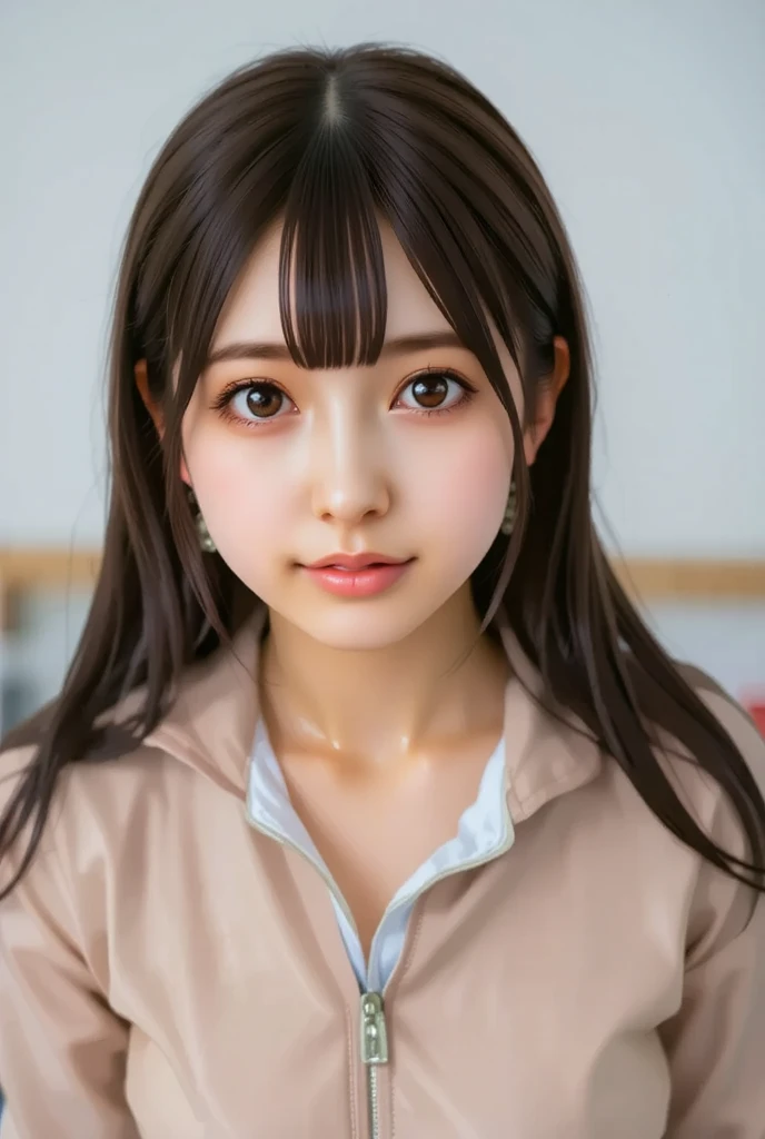 Tabletop, highest quality, One girl, (beautiful girl:1.3), (18-year-old:1.3), Extremely fine resolution, (Symmetrical eyes:1.3), (autumn leaves), (Beautiful breasts, Brown eyes, parted bangs, brown hair,  girl