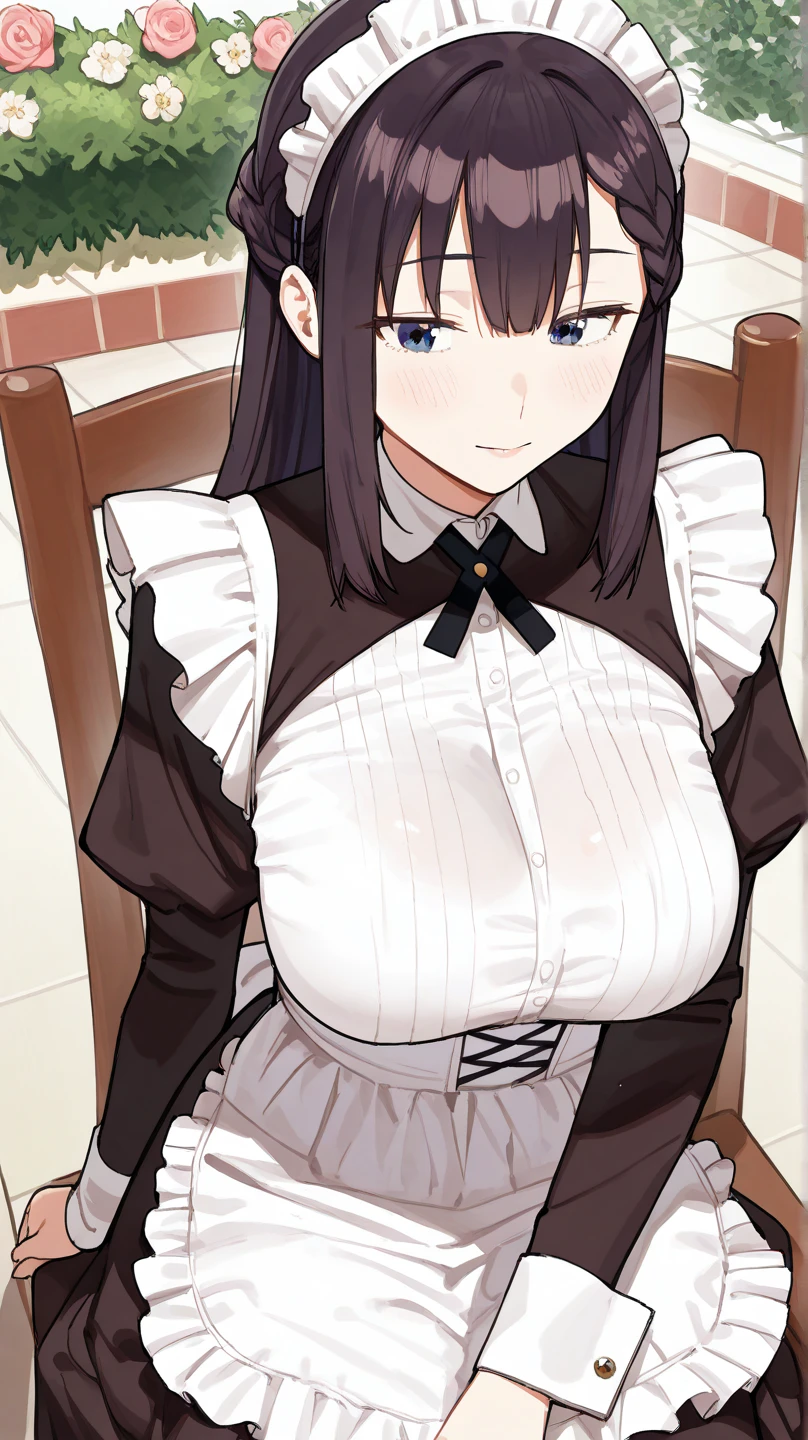 ((1girl)),((alone)),komi shouko,(masterpiece), (best quality), (ultra detailed), (best illustration), (best shadow), (absurdities), sharp focus, cowboy shot , dynamic pose looking at the viewer, large breasts, narrow waist, wide hips, medium thighs, round butt, dynamic posture, long hair, black hair, purple eyes, glasses, black dress, maid's headdress, opening in the chest, style sleeves Juliet, puffed sleeves, white apron, pantyhose, shoes, calm look, closed mouth, serious expression, (sexy pose: 1.2), ((alone)), standing: 1.3, Indoor, cafe, tables, bar, sunset , looking forward, ((focus on breasts)), point of view (from middle), red blush, perfect anatomy, perfect hands.