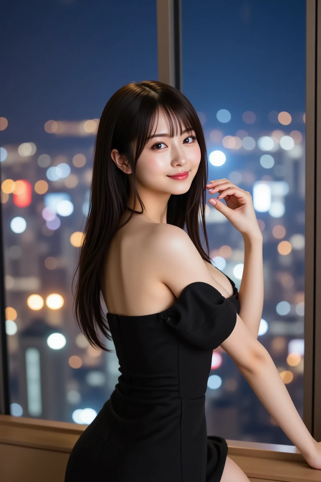 Half-body photo、Take close-up photos of your face、Fair skin、Great light、Beautiful lighting、、Blunt bangs、Detailed embroidery、Black Dress、Off-the-shoulder jacket、Gorgeous Accessories、Knee-high socks、Full moon night、Outdoor Background、smile、かわいいsmile
