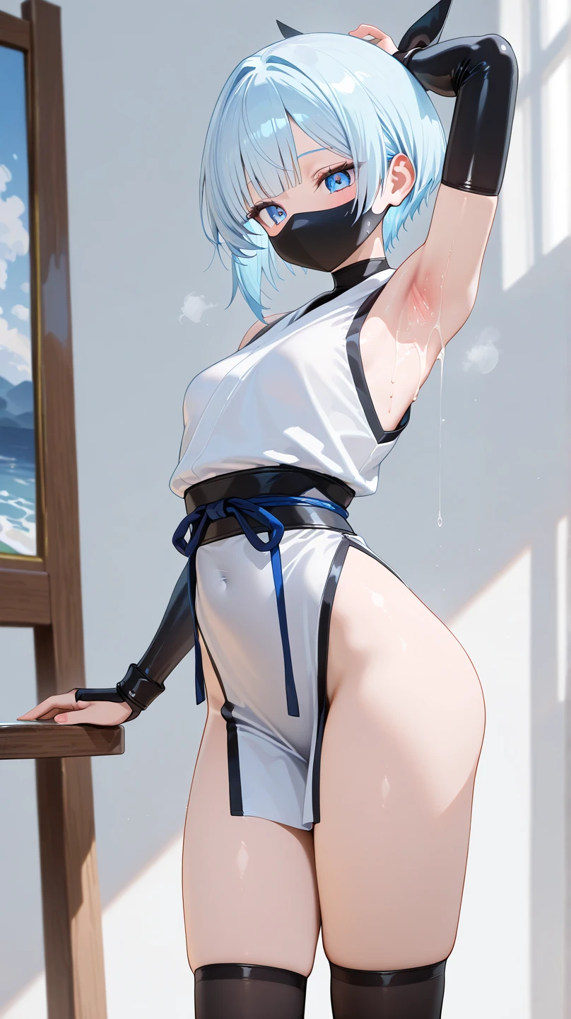 Anime girl white and lightblue hair light blue eyes small bikini suit black tape tied hands behindback tape tied around boundage look from behind