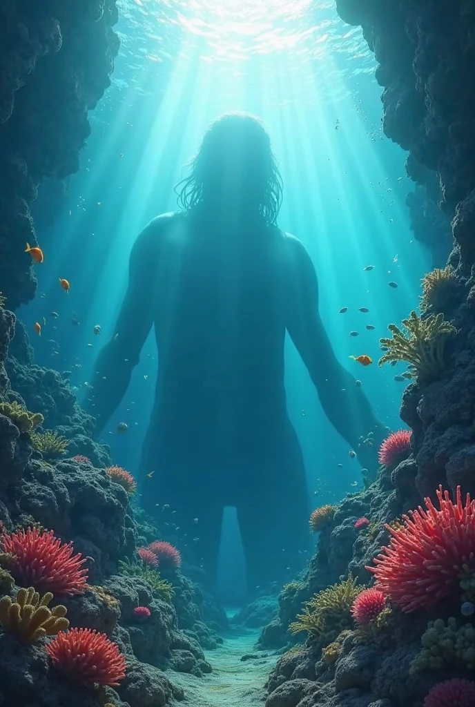 The sea god seated on the deep-sea throne, long hair swaying in the ocean current, wearing clothes inspired by deep-sea creatures. Behind, a fantastical scene of coral and glowing fish swimming unfolds. 8K, hd, highly detailed, realistic, photography, photo realism