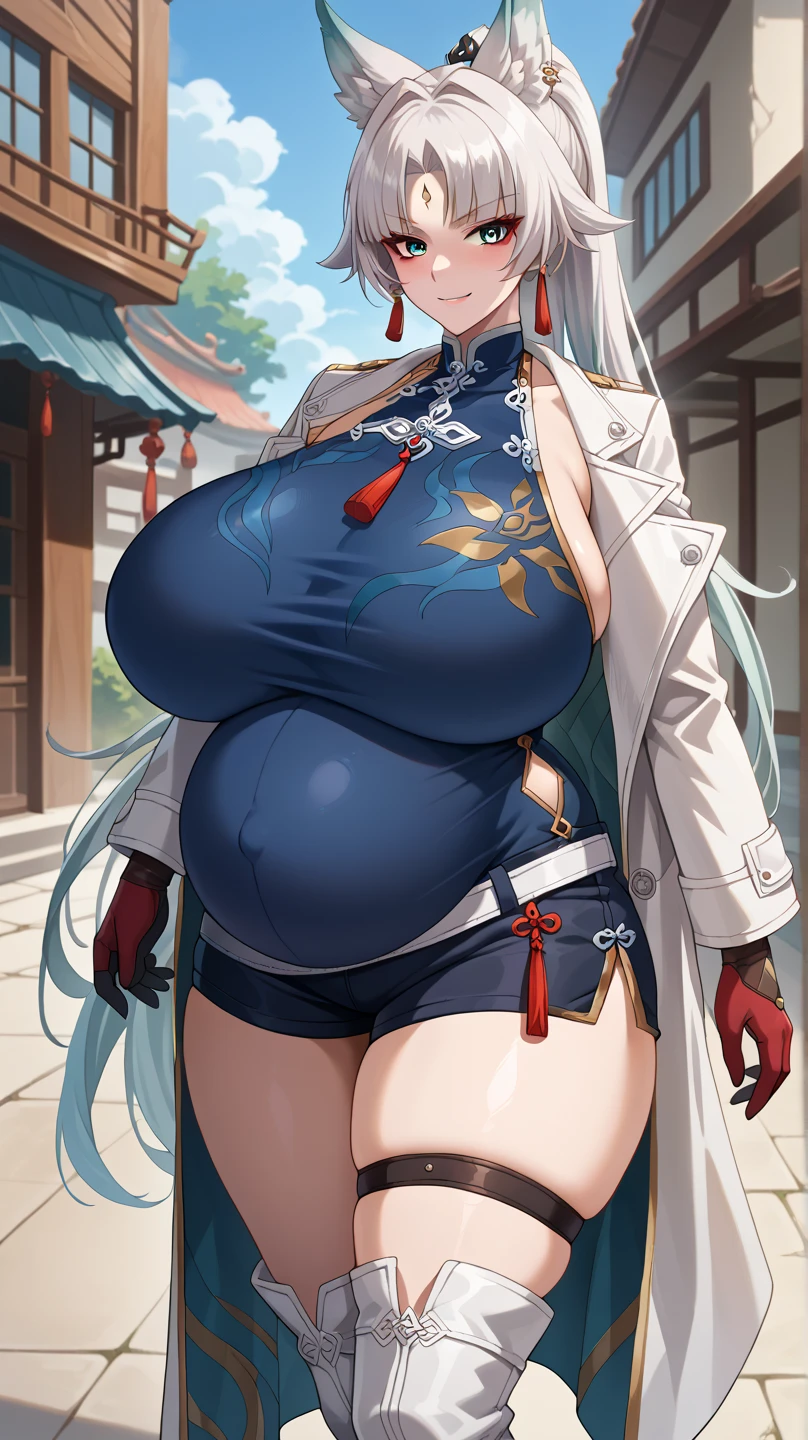 (tmasterpiece,best qualtiy),((1girll,(a matural female)long whitr hair),(Dragon's horn)),(arms behind the back,looking at viewert,Light smile,cropped shoulders,cowboy lens),(color difference),Pregnant women with,huge tit,Showing the belly,Tong,shot on the body,The white liquid is drizzled all over the body,nipple bump(nakeness:1.3),brassiere