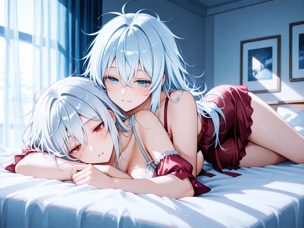 White Hair、Pink Eyes、Short Hair、laughing、Only one girl、alone、Cute、Face is close、Night、laughing、At the bed、Blushing、Erotic、Stick your tongue out、Only one person、Sweating