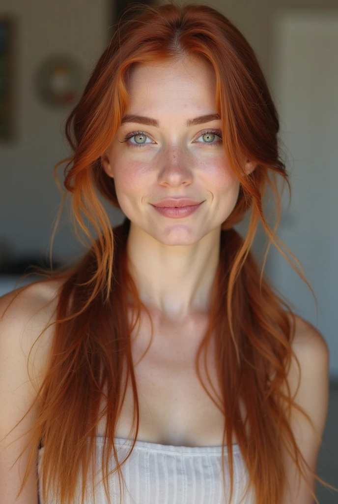 Une femme, 25 ans, poitrine moyenne, wavy red hair, yeux verts, debout dans son salon, slightly transparent white tank top, tanned