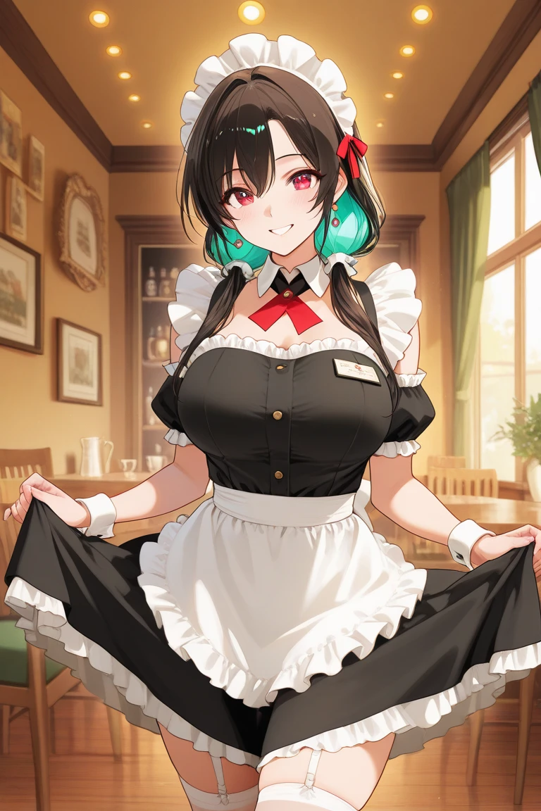 1girl, clorinde \(genshin impact\), solo, maid, maid headdress, maid apron, pout, black pantyhose, hands on hips, looking at viewer, cowboy shot, bar \(place\), indoors, depth of field, <lora:Milf:0.8> milf, huge breasts, mature female, masterpiece