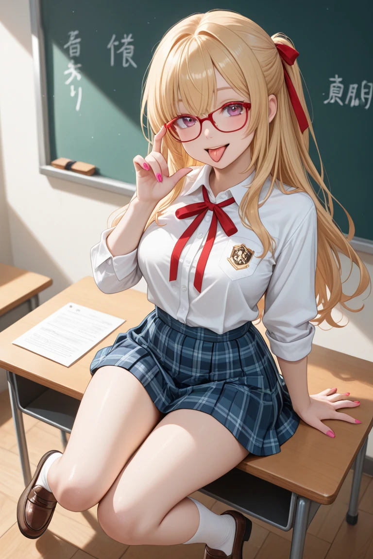 masuter piece, best qualtiy, (((realisitic, Photorealsitic:1.37))), ((独奏)), 8K image quality, Extremely delicate and beautiful, splendid, Official art with attention to detail, Ridiculous, Unbelievably ridiculous, huge filesize, ultra-detailliert, ighly detailed, (Petite and cute girl), (detailed girl), extremely detailed eye and face, Beautiful detailed eyes, Light makeup,, (Perfect female figure), large full breasts, Slim waist, big butts, (Nordic beauty), ((fullllbody)), ((Put the head in the frame)), Blond hair head hair, With bangs, (Cute little glasses), ((Pupils)), (((Uniform with dark red blazer and tartan check miniskirt))), (Seat next to the classroom),