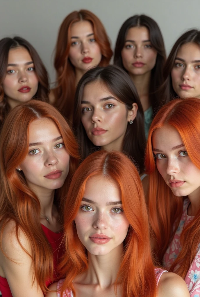 three girls with long red hair and red wigs posing for a picture, red glowing hair, orange glowing hair, long glowing red hair, infrared hair, red hair girl, orange skin and long fiery hair, hair like fire, red hair and attractive features, long fire hair, long orange hair, perfect android girl family, by Bernardino Mei, fiery red hair