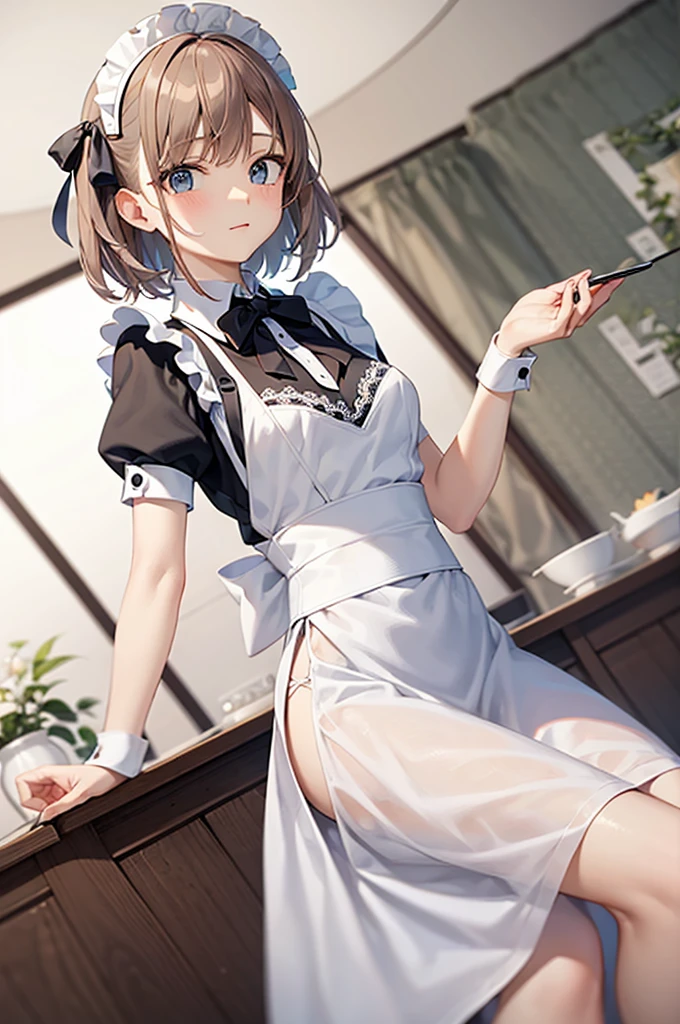 Kimishima Ikuto、Dear Kimi、17 years old、Beautiful Boy、boy、Beautiful boy、Silver short hair、Outwardly curled hair、Slanted Eyes、Brown eyes、Perfect Anatomy、((apron:白いapron,Ribbon tied at the waist,apronの下に白いシャツ,Shorts)),Thin and flat chest、Shorts、Butt、Beautiful legs、whole body、Thighs,((background:kitchen、Make a dish))