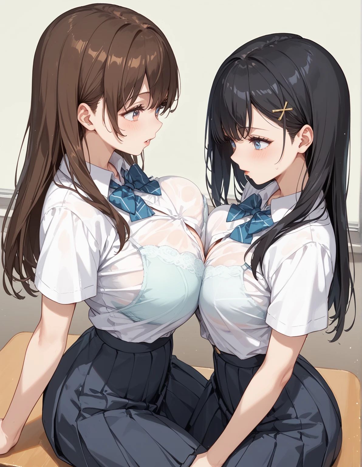 mercy(overwatch), alcina dimitrescu(resident evil),from above,2girls, masterpiece, best quality, highres, JK,huge tit,full body,breasts,looking at viewer,smile,pleated skirt,shirt tucked in,skirt,tented shirt,bowtie,in school