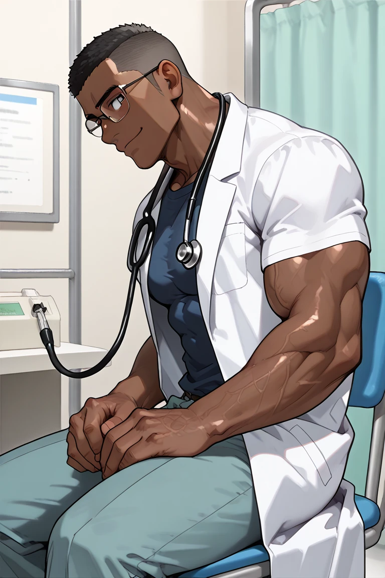 A middle-aged fat man stares at the computer,Heavy breathing, Grab your crotch from above, Wear a hospital gown, White short hair, (obesity: 0.5), 50 years old, bookworm, Wear light gray tracksuit, Ruddy complexion, Sit in front of a screen, Opposite, In the dusty private room, Casual Thin Hair, Thick neck,Fat face, sweat, Solitary, Asia,