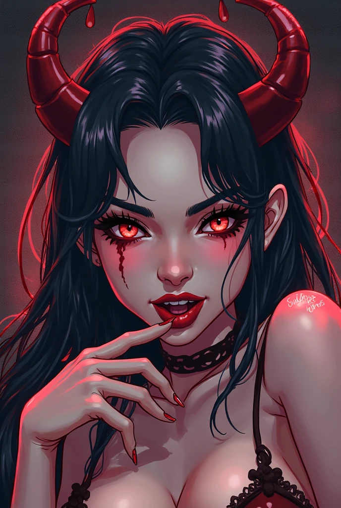 devil girl, black hair, orange eyes, eyes glowing, red skin, horns, one horn broken, choker, serious face, semi-realistic style, outliner, hell background, dark sky background, moon light, face close up