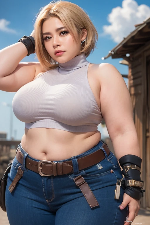 1 girl, girl, young, beautiful face, cute face, smiling, fair skin, blonde hair, blue eyes, short stature, steampunk, explorer, colossal breasts, overly sagging breasts, huge breasts, covered breasts, thick thighs, very thick thighs, wide hips, round butt, shorts, brown shorts, shorts, leather shorts, brown leather shorts, between butt cheeks, undersized clothes, cropped top, tight top, exposed belly, full body, standing, leather top, inner side-boob, tight shorts, skindentation, fat ass, steampunk goggles on forehead, shorts stuffed in butt-cheeks, sleeveless top, side-view, showing butt, visible butt, wedgie shorts, aréola slip, exposed belly, deep cleavage, side view, visible butt cheeks, visible cleavage,