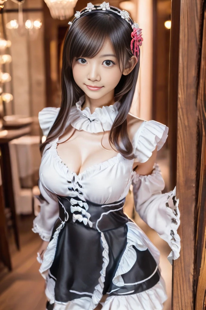 (highest quality、8K、masterpiece、High resolution、genuine、3D),Best Quality、15 years old, (cleavage), cute smile、elementary school face, loli, loli, bangs