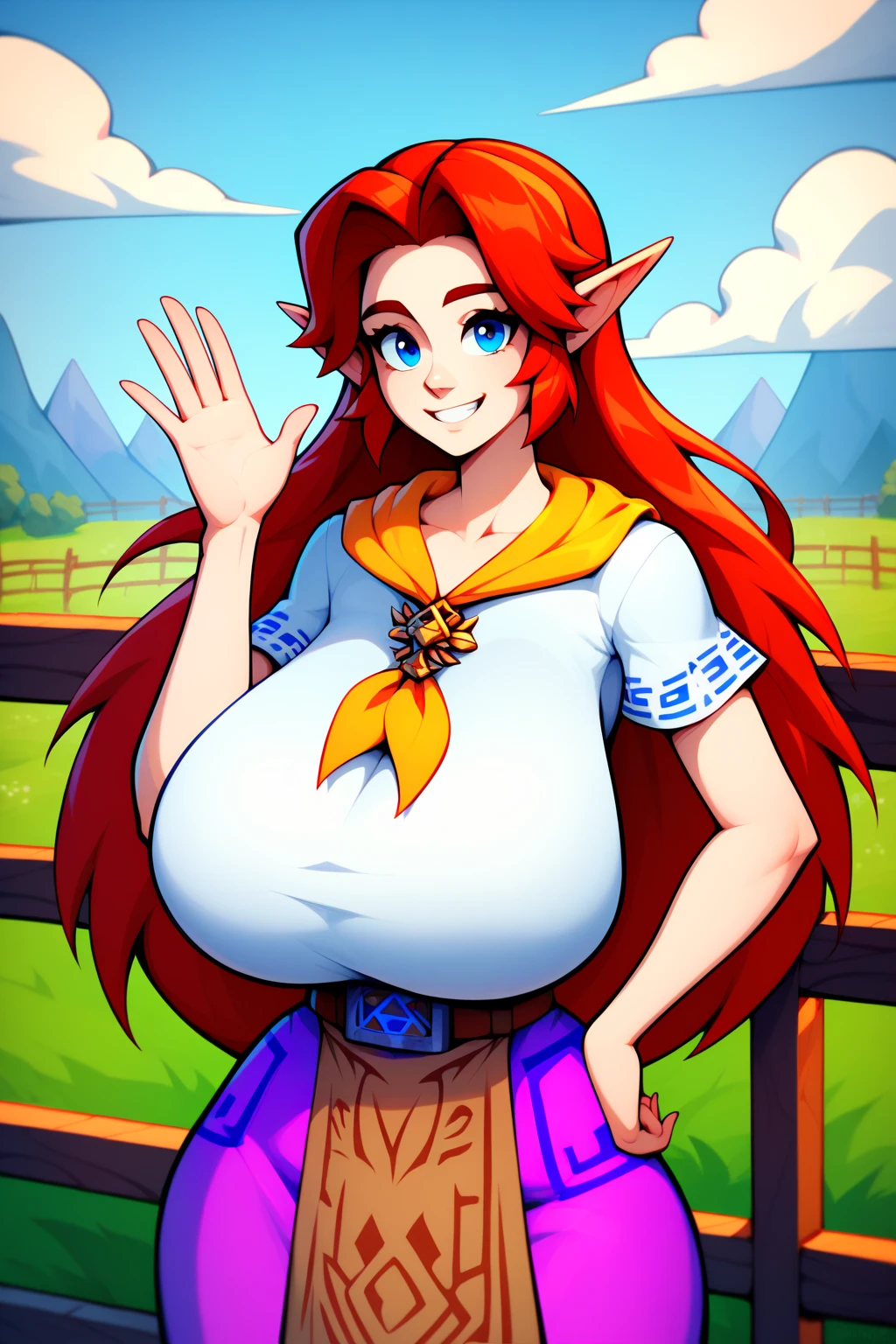 masterpiece, best quality, expressive eyes, perfect face, big eyes, looking at viewer, large breast, big breast, small waist, , Best Quality, Realistic, perfect figure, highly detailed, showing cleavage, dressed as merida from brave, Red curly hair, big hair, blue eyes, Green outfit, in the forest, bow and arrow, detailed dress, freckles on her face, cheek blush, big puffy hair, very curly hair