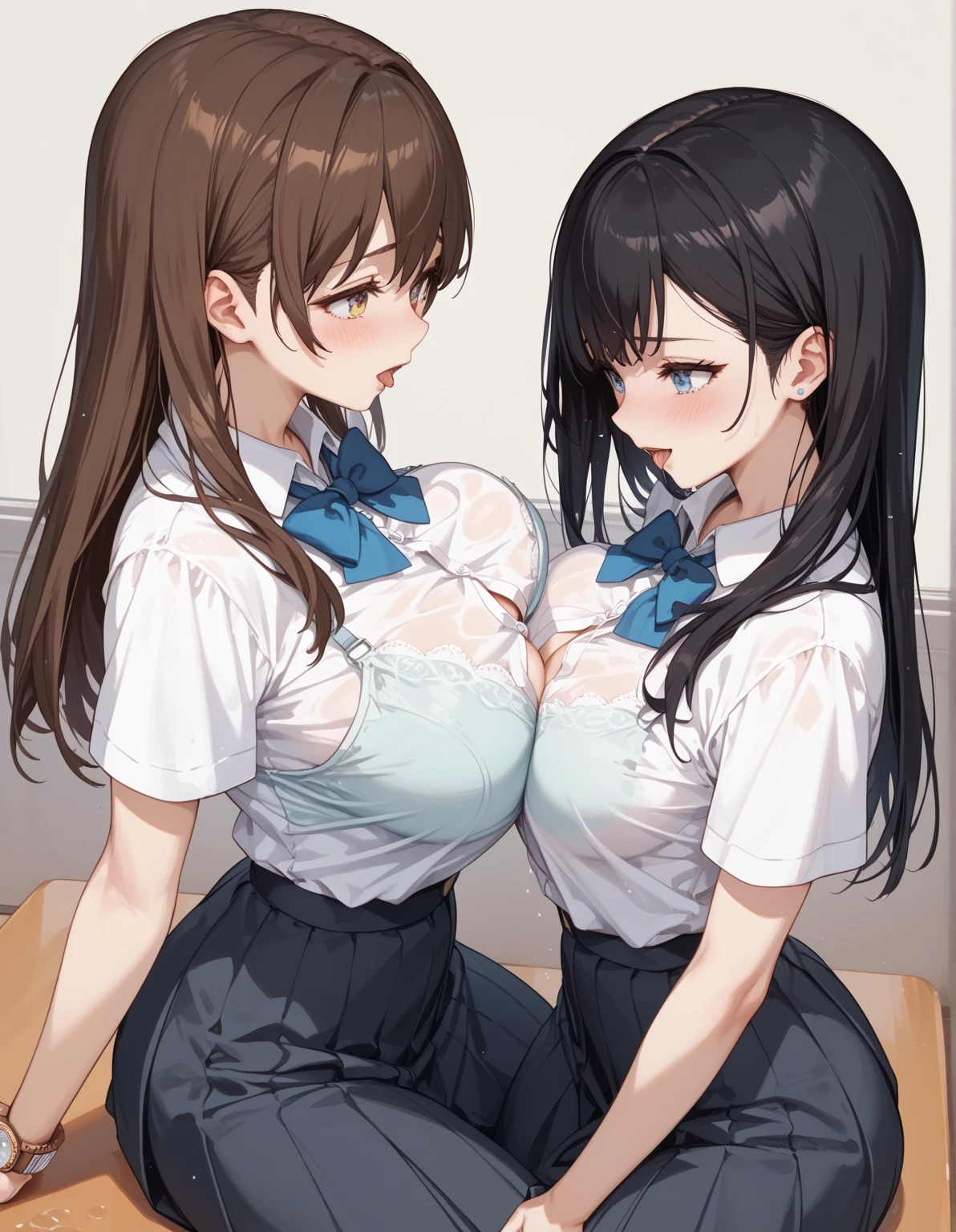 2lady(different hair style and clothes color), ((ultra-quality)), (Bukkake:1.5), (side view), (profile), (sexy back), (in 8K), (arms behind back:1.5), (arms are down), ultla highres, Hyper Detailed, High contrast, Ultrafine Strike, creative refinement, absurdres, Realistic, extremely detailed CG unified 8k wallpaper, Highly detailed, High-definition raw color photos, professional photograpy, Realistic portrait, Cinematic Light, Beautiful detailed, 28 years old woman, (realistic skin:1.3), (shiny skin), (Best Quality:1.4), Super Detail, High quality, master piece, lifelike, (After SEX), Bukkake, Perfect face, (cum on chest:1.5), (Bukkake:1.3), (cum on clothes:1.3), (Sharp Focus), (upper body), (close up), Delicate Beautiful Hair and Eyes and Face, Delicate eyes, radiant eyes, Lifelike, Hyper-detailing, (Wearing a dark sailor uniform:1.3), (school costume), (dark sailor collar), (black japanese school shirt), (black tie), (pleated skirt), (Sheer areola), (colossal breasts:1.8), (big breasts:1.5), (Beautiful breasts:1.5), (covered breasts:1.5), (arms behind back:1.3), Beautiful cute woman, camel-toe details, (NSFW), wet clothes, pale black eyes, (dark bob hair), (ponytail), (asymmetrical bangs),