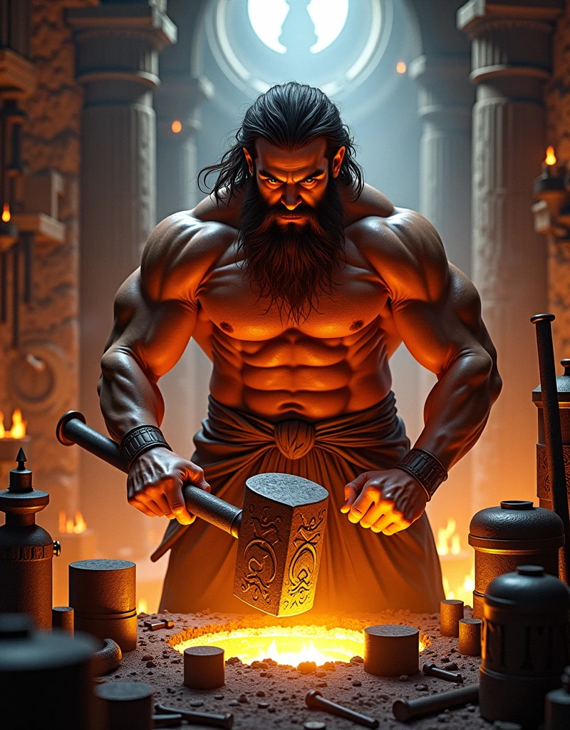 Animated Hephaestus god of creativity making a laptop, camera and Rubik’s cube

