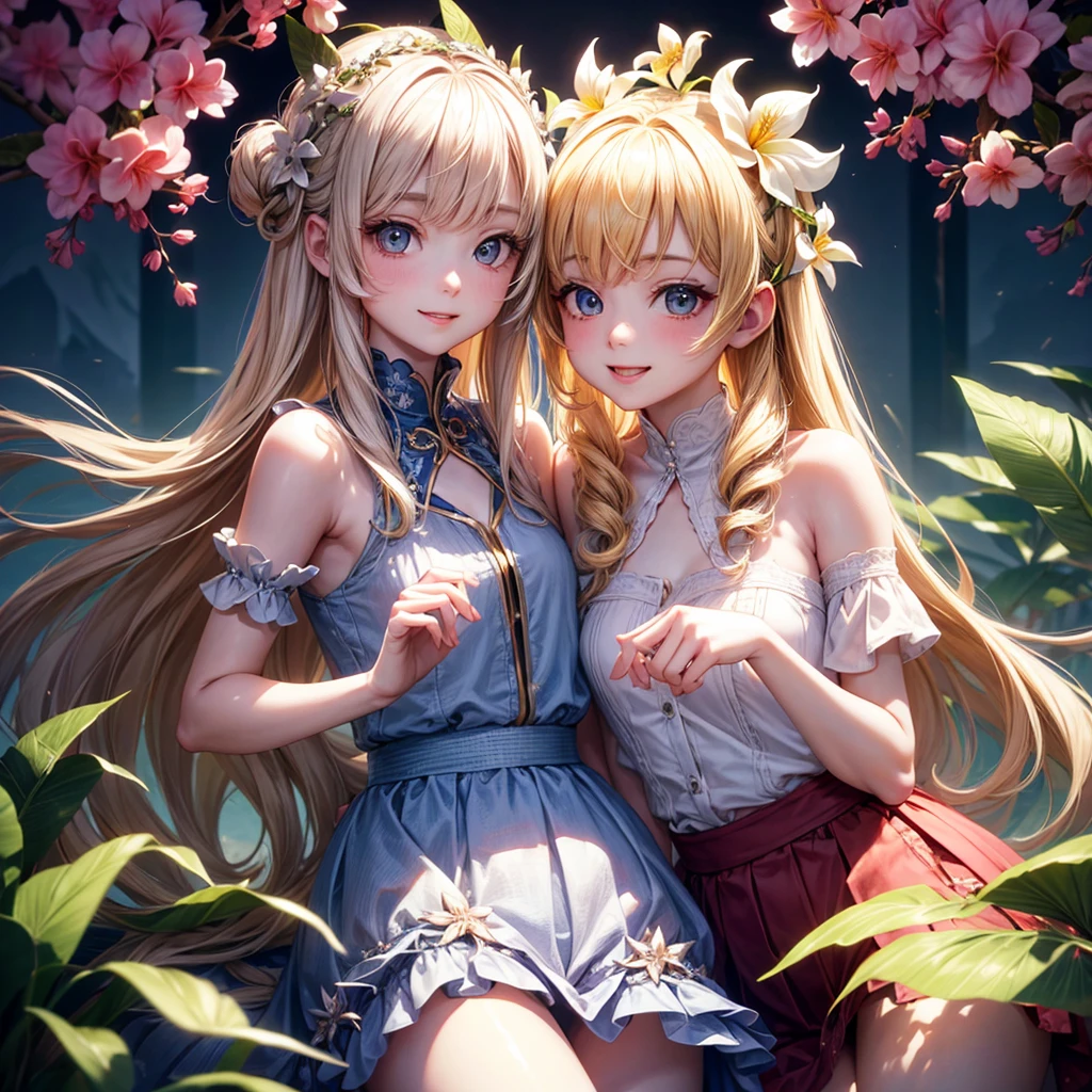 (masterpiece, best quality:1.4), (8K), Young blonde beauty, (((2 girls in love, 18 years old, neat girl))), detailed blue eyes, long eyelashes, blush, kind smile, horny, upper body, topless, small ass, slender thin legs, vagina, (looking at viewer), beautiful blonde hair, white-skinned, straight bangs, pigtails, squeezing, on top of each other, (medium size breasts), (mushroom forest, celestial forest, beautiful and magnificent pink sunshine, majestic sky), natural light, pastel colors)