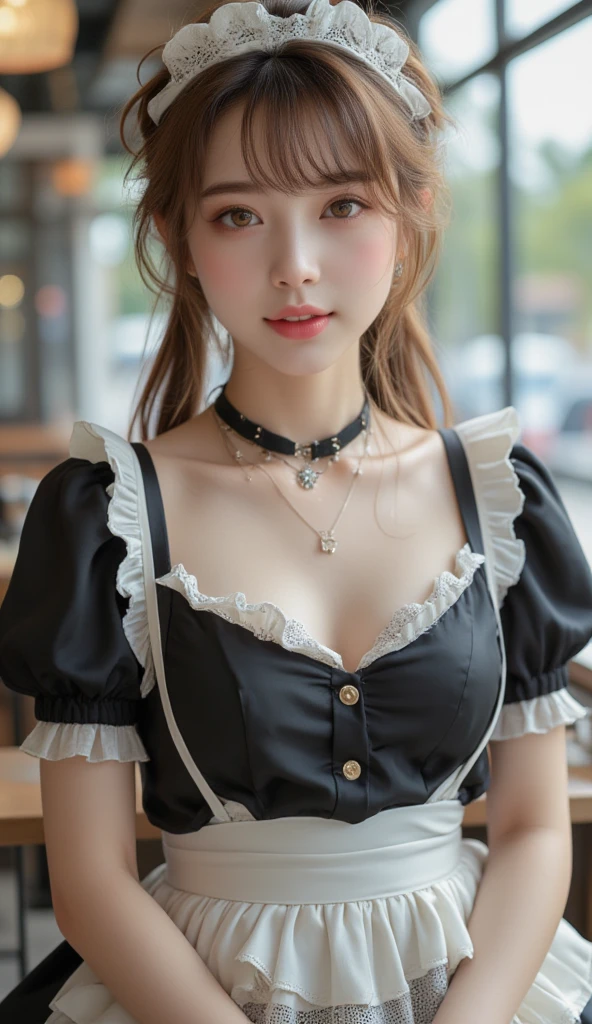 ((Downtown in Phuket)), (Walking along the street), (masterpiece:1.3), light makeup, red lips, beautiful hair, Black hair, (Medium hair:1.3), elegant, soft lighting, Very fine details, masterworks, authentic texture, perfect work, (1 girl), (One Woman), 16k, high resolution, exquisite features, brown eyes, (Ultra-high resolution eye:1.1), Japanese idol, beautiful face, ((artists work)), (photorealism:1.2), (gentle smile like a goddess), attractive, well-shaped breasts, beautiful cleavage, shiny skin, smooth skin, BREAK, ((German Maid:1.3)), (Maid costume), earrings, necklace, BREAK, Full-body, walking position, (Walking through the weekend market), (Model pose with legs apart), BREAK, (Leaning forward:1.3), (Asking for a kiss:1.2), (lovely smile), shoot from above, (Close up:1.2),