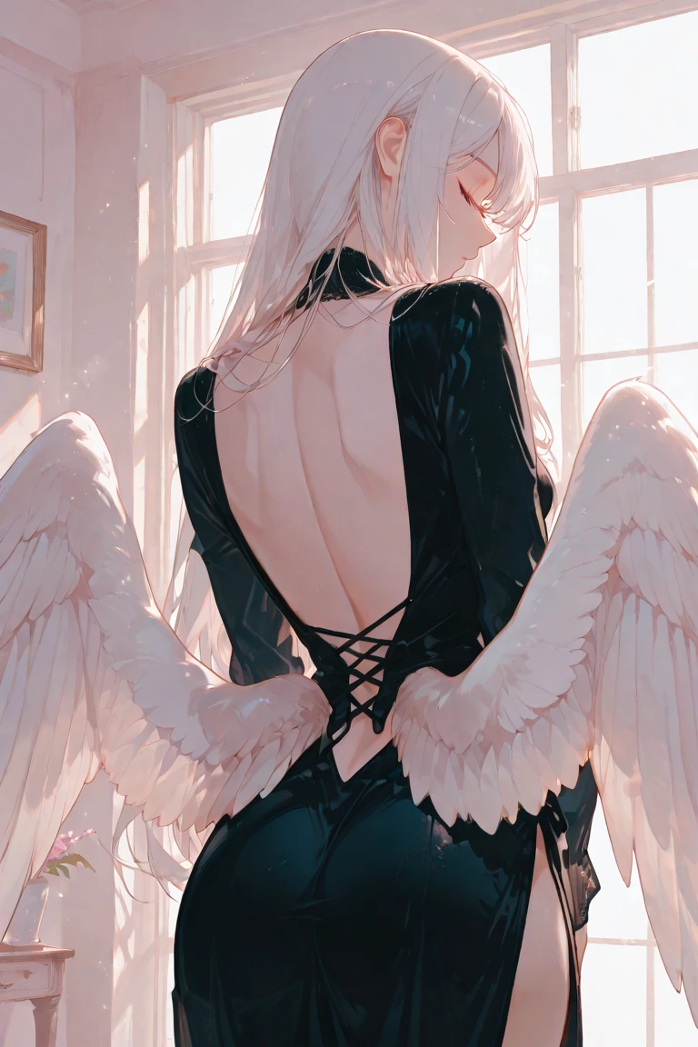 women, blonde Dos, with angel wings in the back dressed, with a white sweater and black jeans
