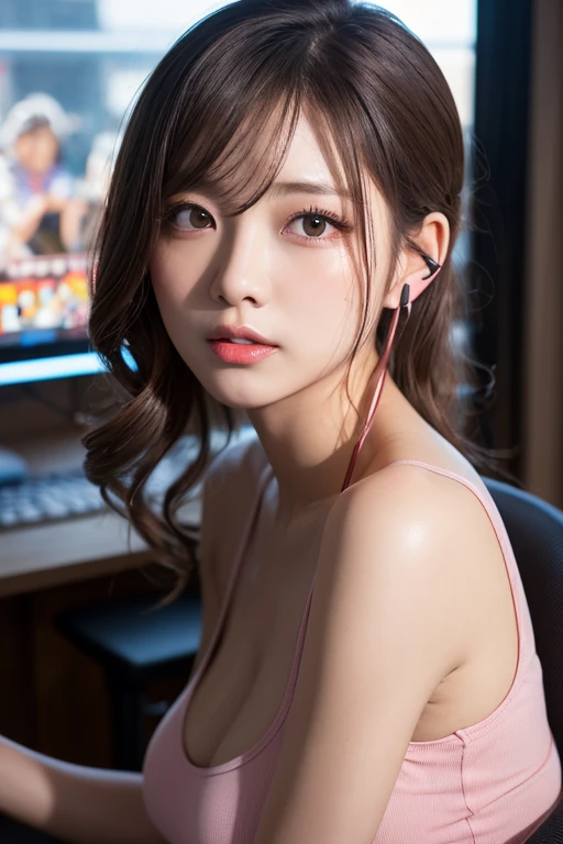 (best quality:1.1) ,(photorealistic:1.1), (photography:1.1), (highly detailed:1.1), 1girll,playgame,From behind,keyboards,Large display,backless,playing game