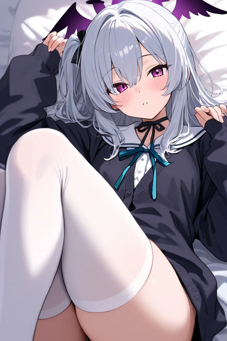 NSFW,High school girl half naked, Skirt folded up, uniform, Panty shots, Lucky,Show off cute bras,cheveux gris courts,The shape of the genitals is elevated,Short double ponytail