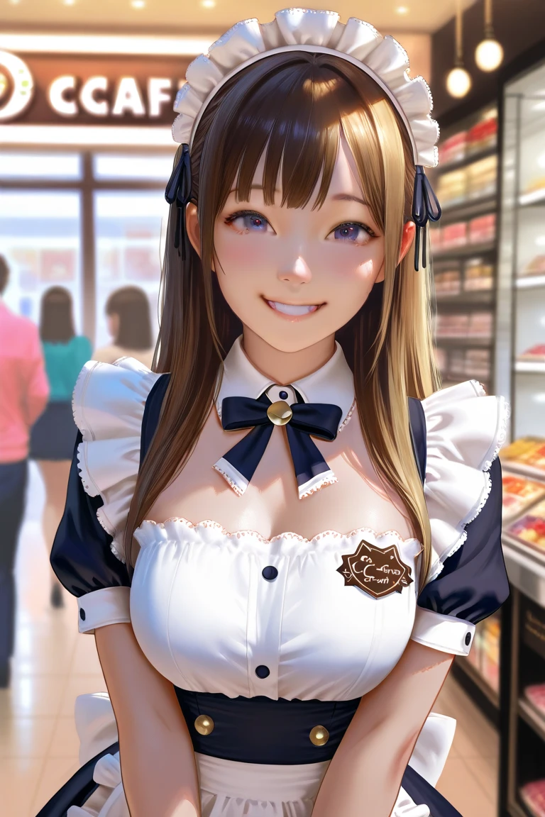 1girl, solo, nakano miku, brown hair, (naked:1.3), (white apron), large breasts, cleavage, thighs, cafe background, (blushing:1.3)